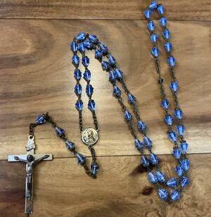 Vintage Catholic Filigree Blue Bead Rosary Flippable Brass 1940s Silver Plated